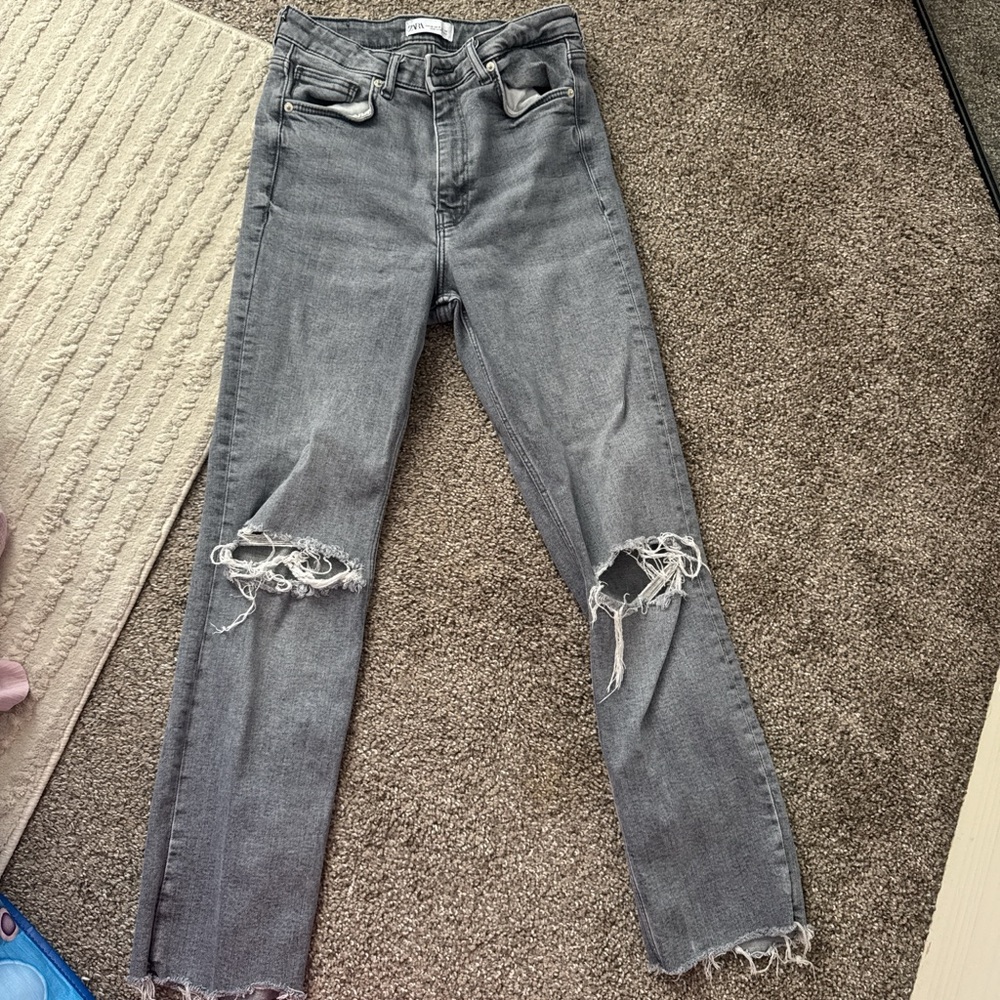 Zara Gray Straight Leg Distressed Jeans